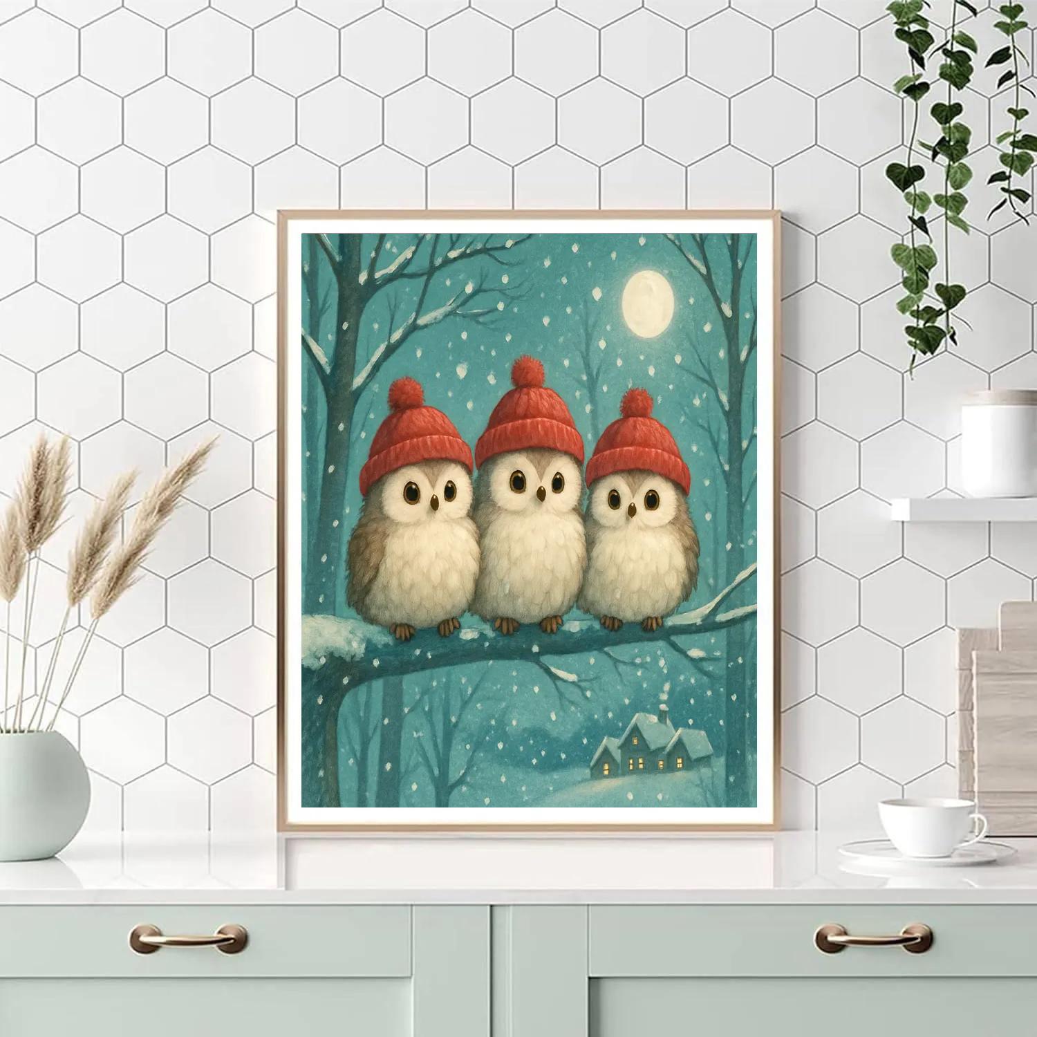 Santa Owls In The Moonlit Forest Painting by numbers kit