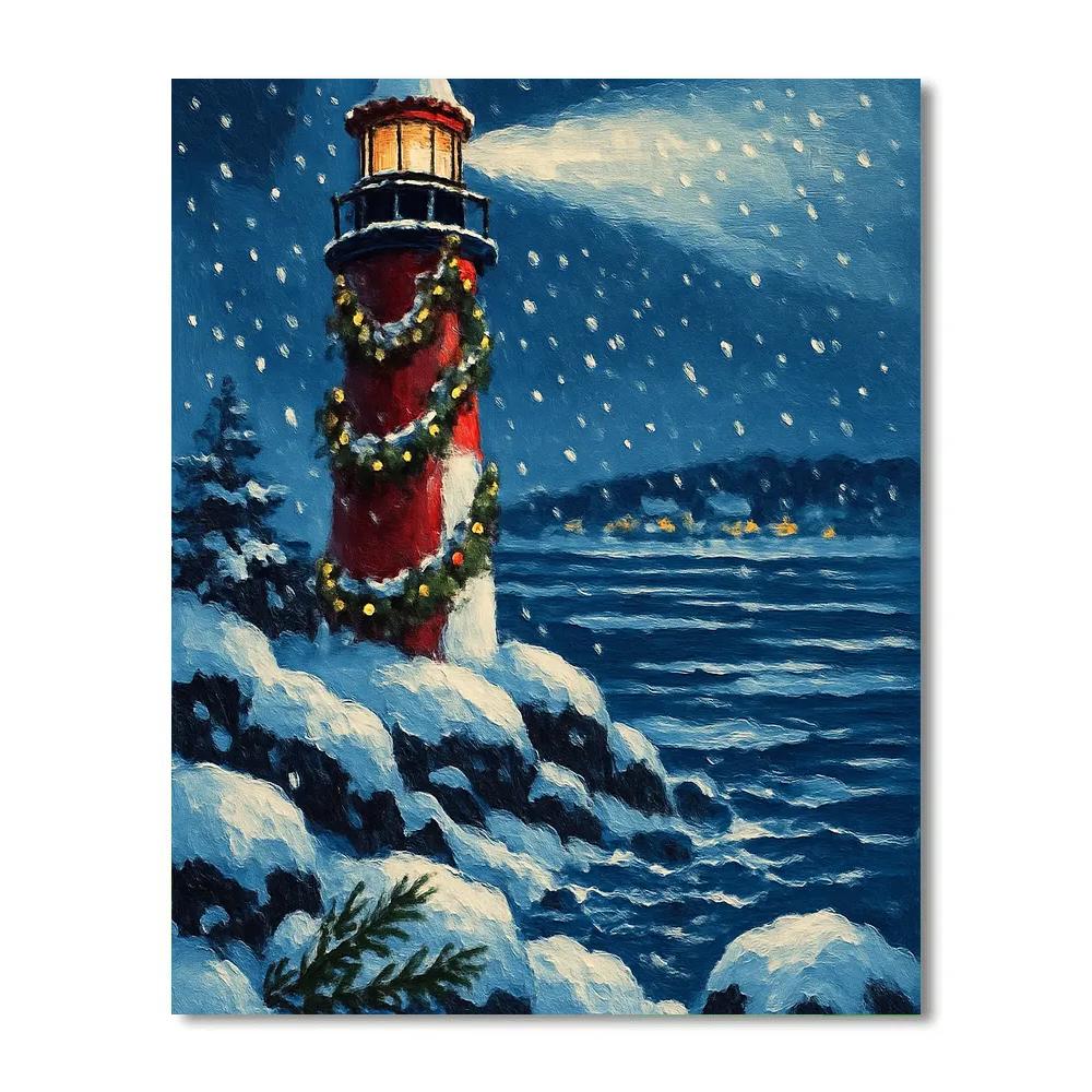 Christmas Lighthouse On The Frozen Bay Paint by numbers art