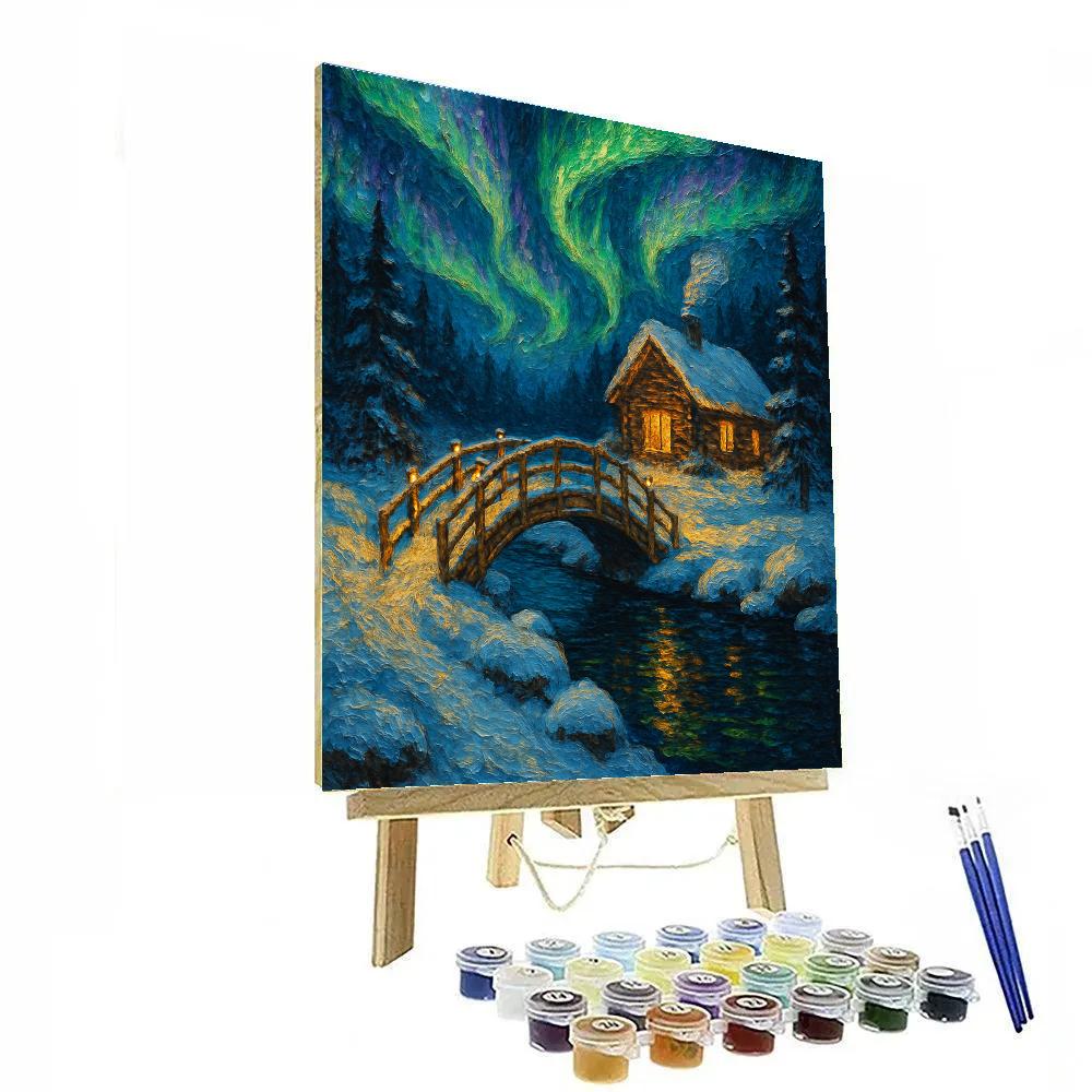 Northern Lights Over Christmas Cabin Bridge paint by number