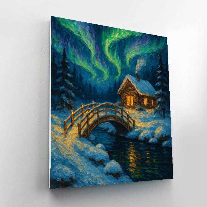 Northern Lights Over Christmas Cabin Bridge paint by number