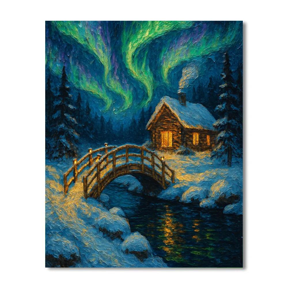 Northern Lights Over Christmas Cabin Bridge paint by number