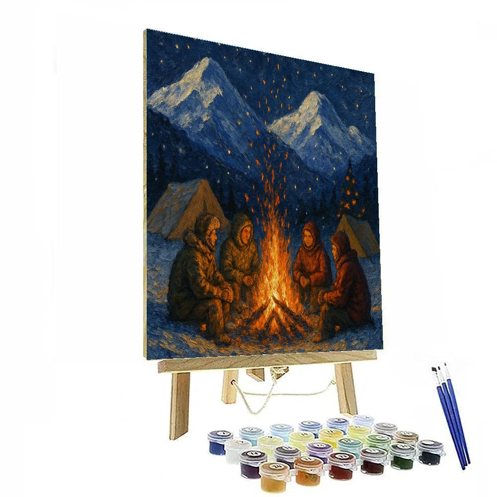 Christmas Campfire Under Snowy Peaks paint by color