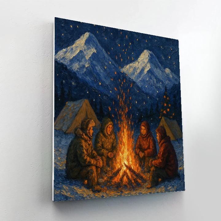 Christmas Campfire Under Snowy Peaks paint by color