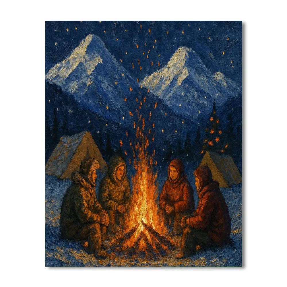 Christmas Campfire Under Snowy Peaks paint by color