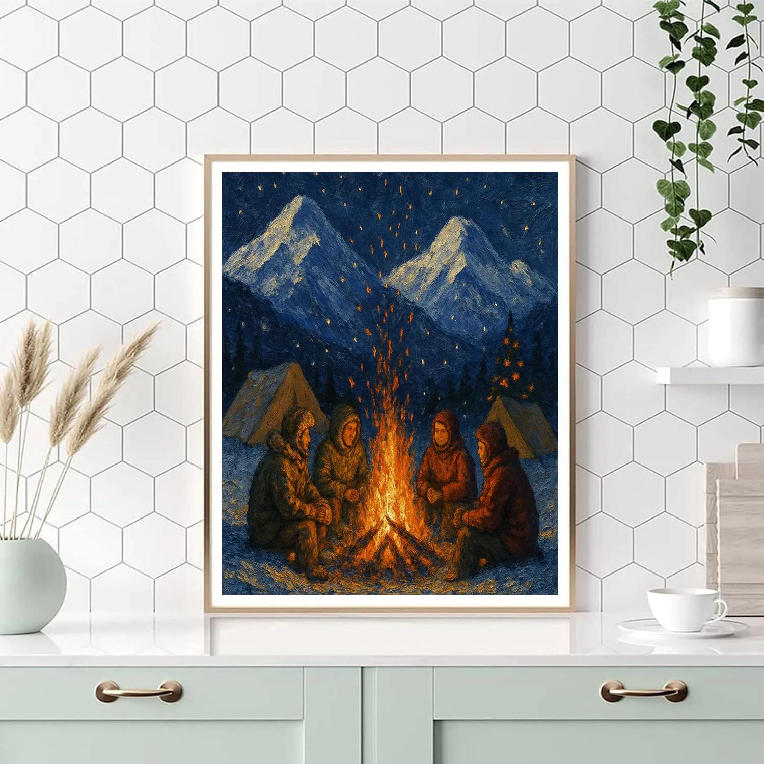Christmas Campfire Under Snowy Peaks paint by color