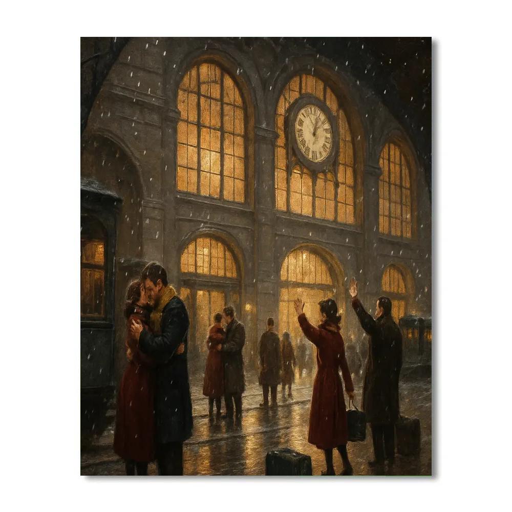 Christmas Train Station Farewell Snow painting number kit