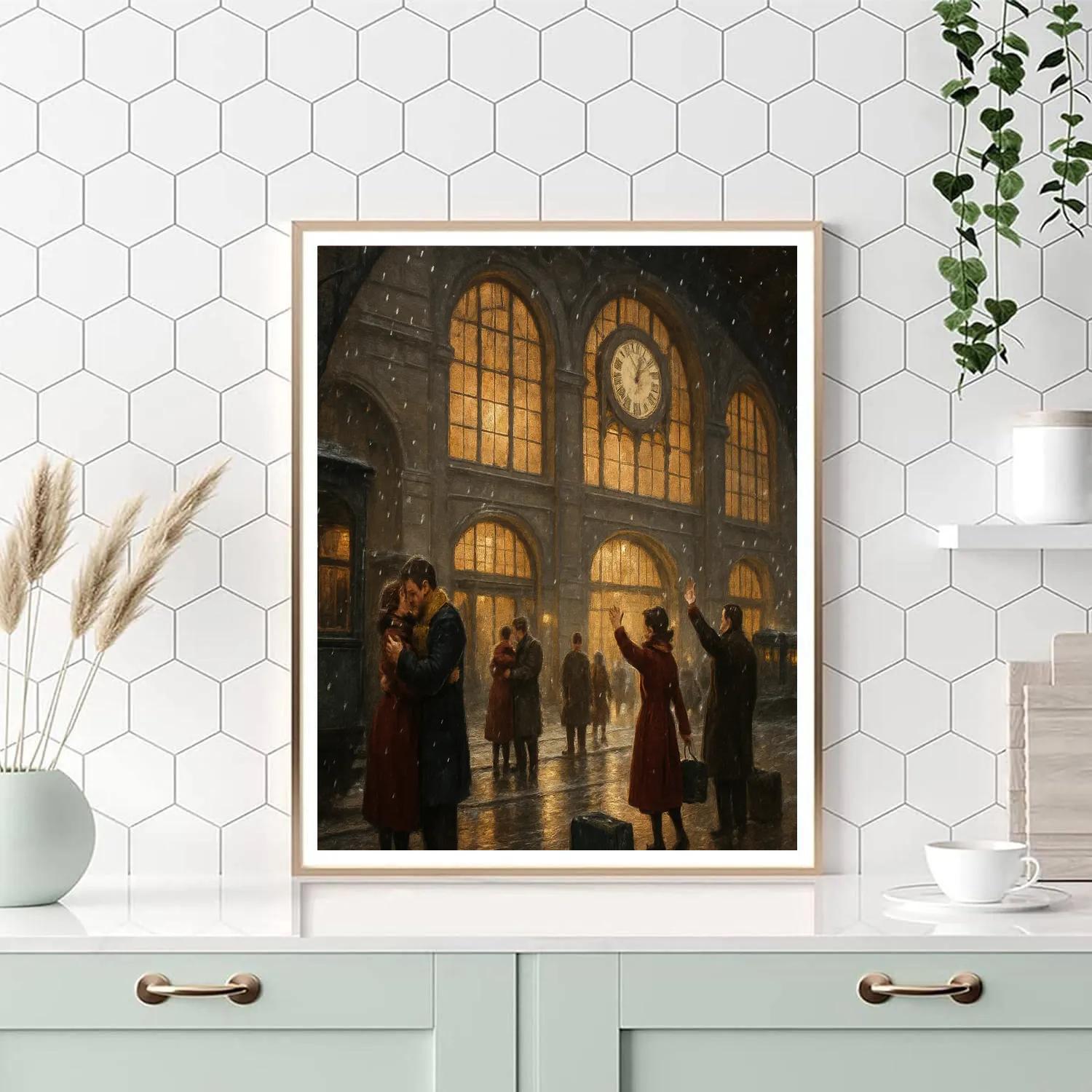 Christmas Train Station Farewell Snow painting number kit
