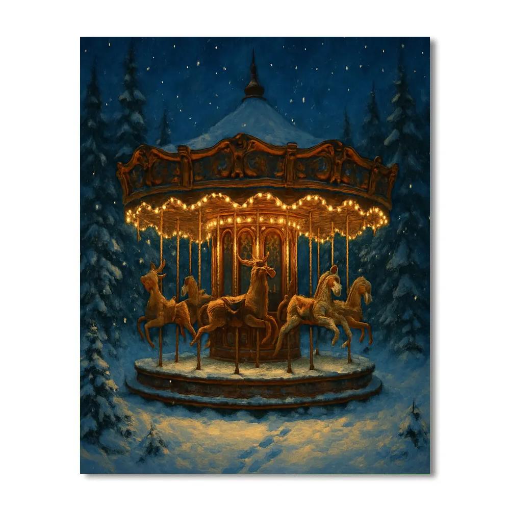 Moonlit Christmas Carousel In The Snowy Woods Number painting
