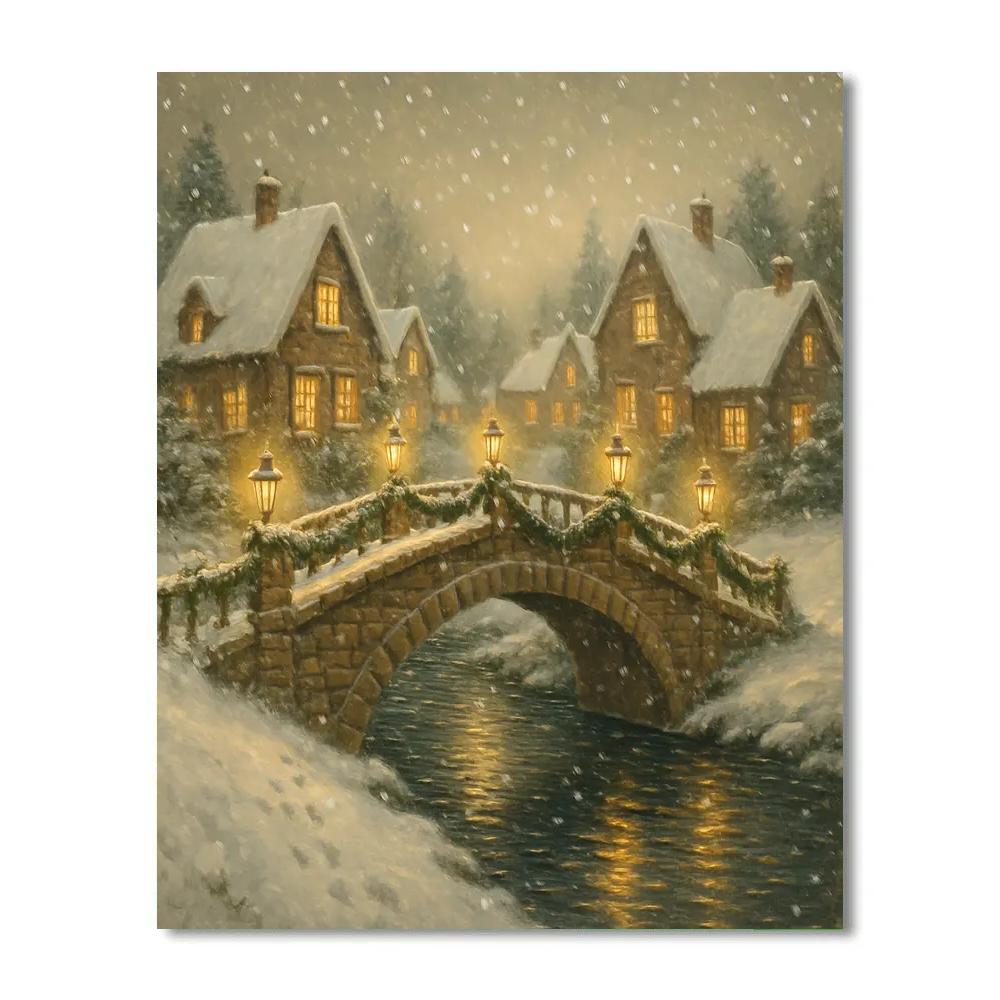 Christmas Lantern Bridge Over The Village River Number painting
