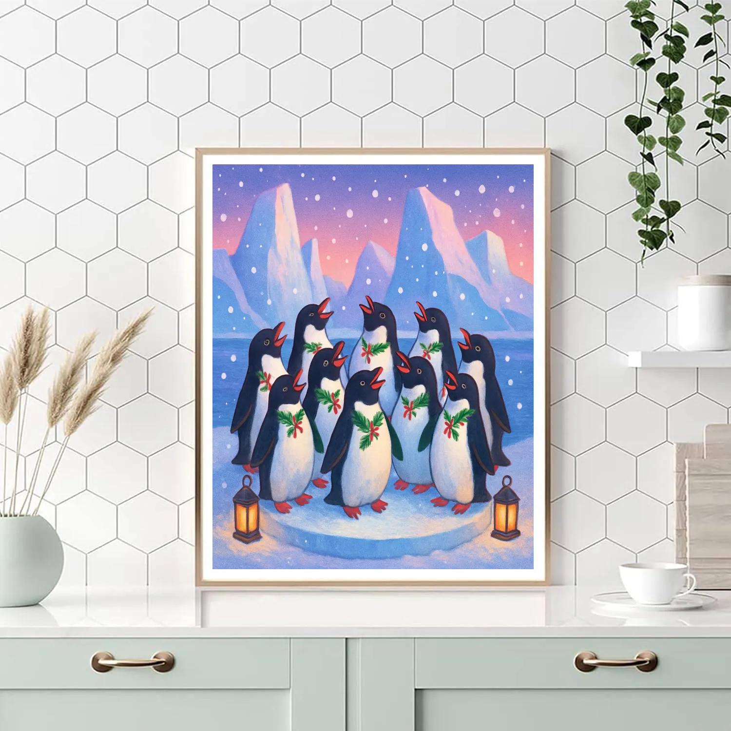 Penguin Christmas Choir On The Ice Stage Numbered painting kits