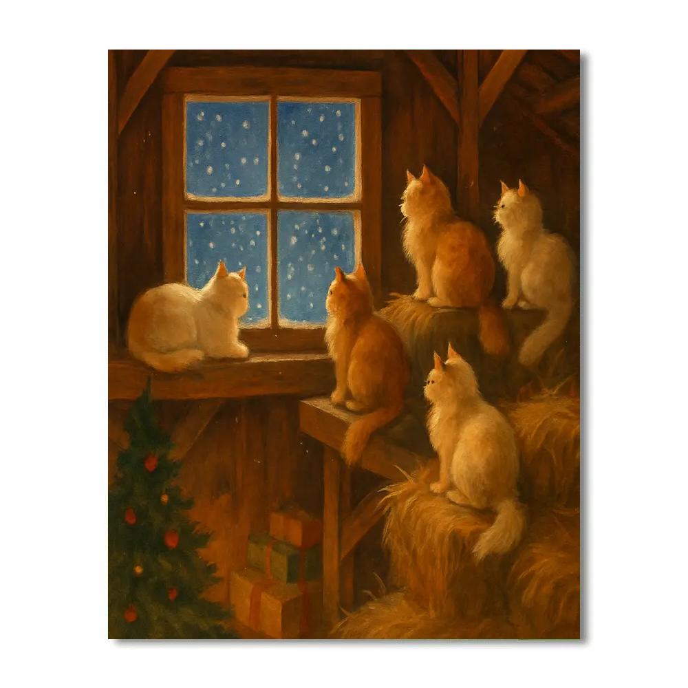 Christmas Cats Watching The Snow From The Loft Paint by numbers art