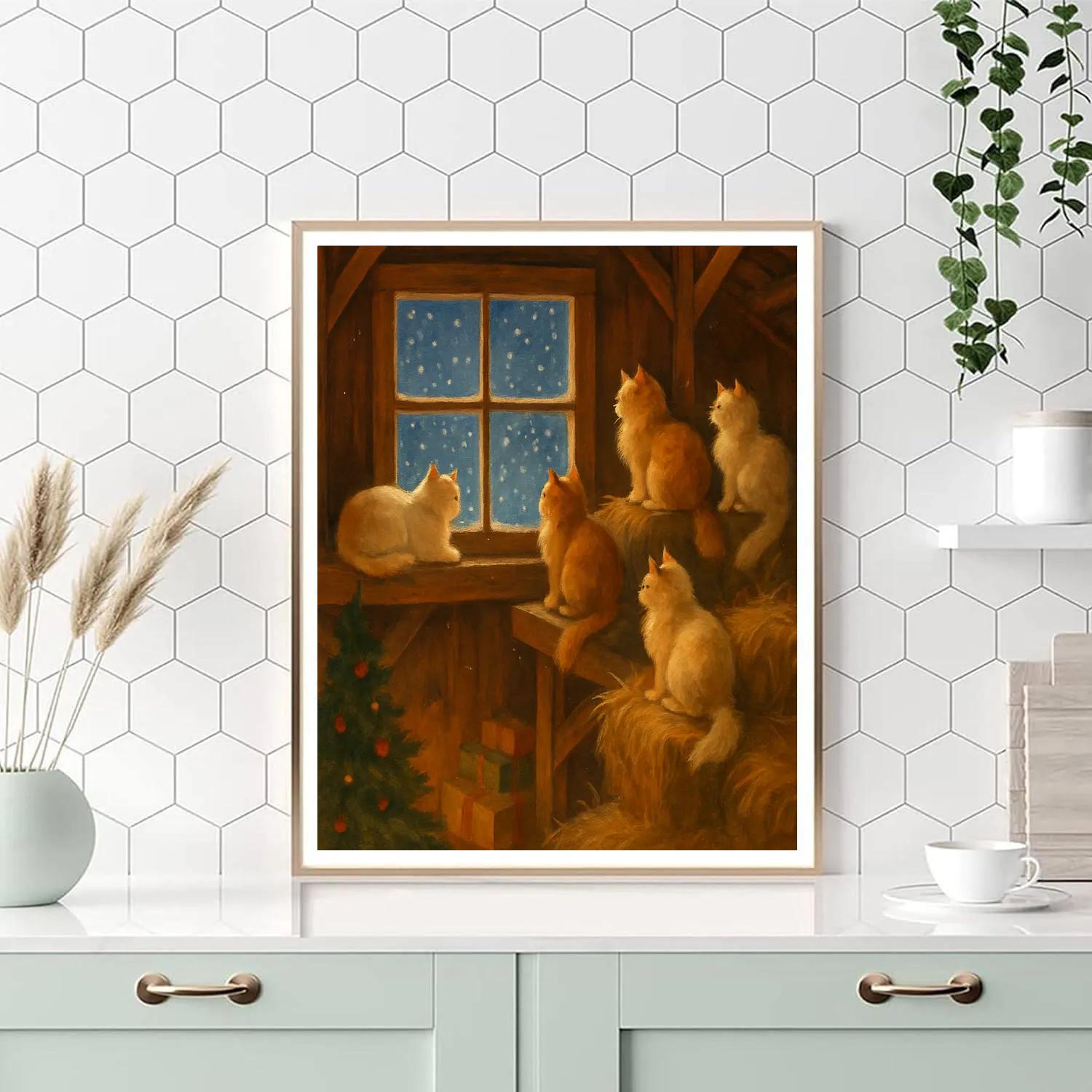Christmas Cats Watching The Snow From The Loft Paint by numbers art