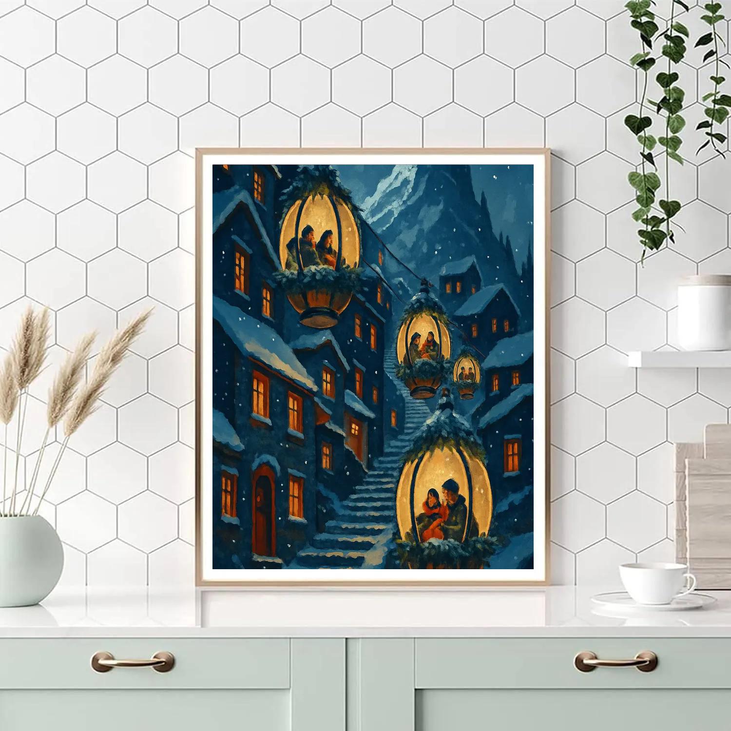Christmas Lantern Lift In The Mountain City paint by number