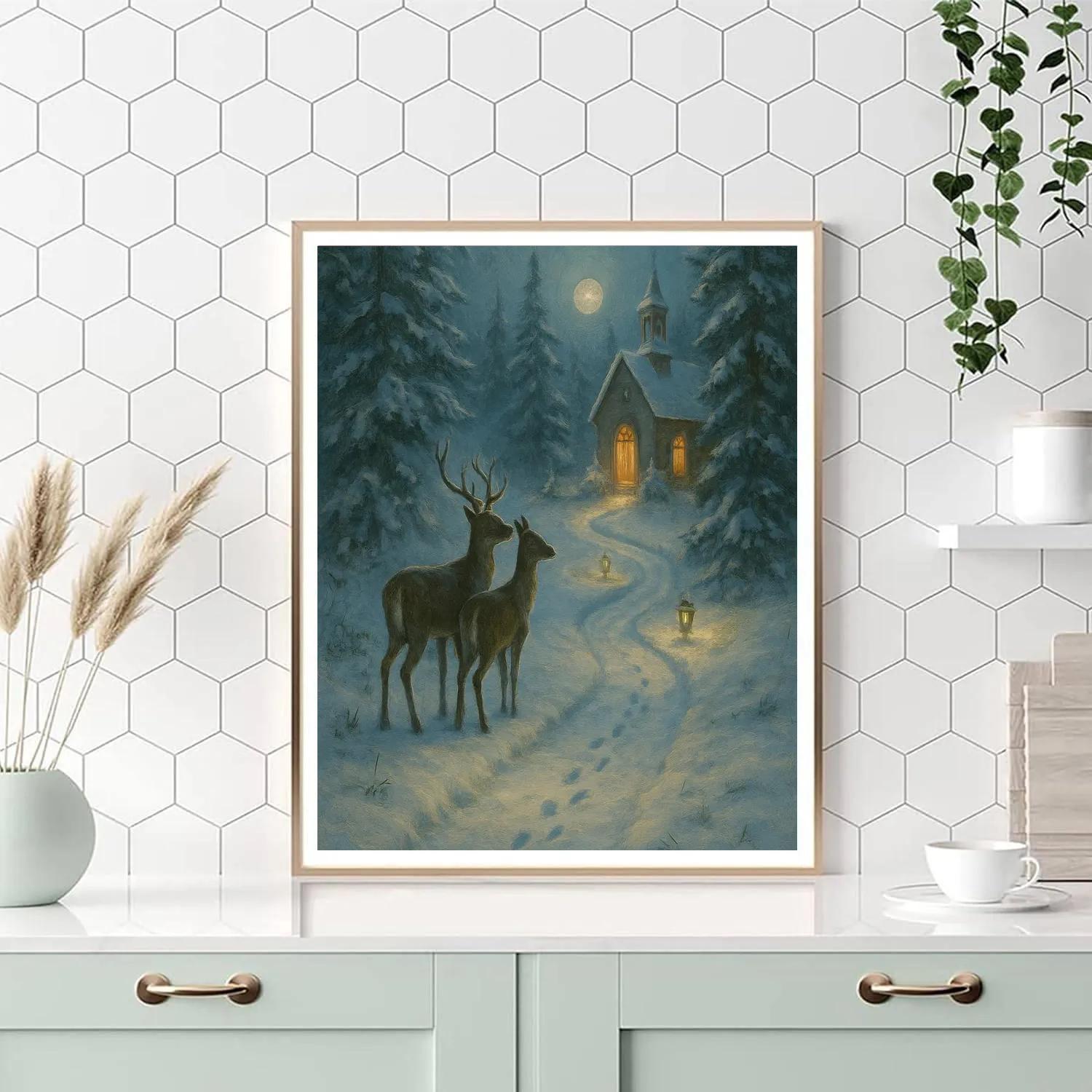 Snowy Deer Path To The Hidden Chapel Painting by numbers kit