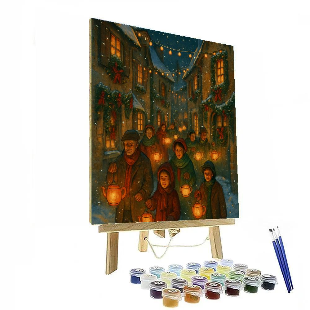 Snowy Village Tea Lantern Procession paint by number