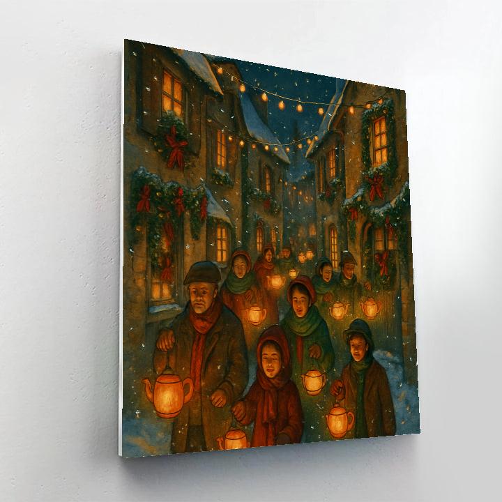 Snowy Village Tea Lantern Procession paint by number