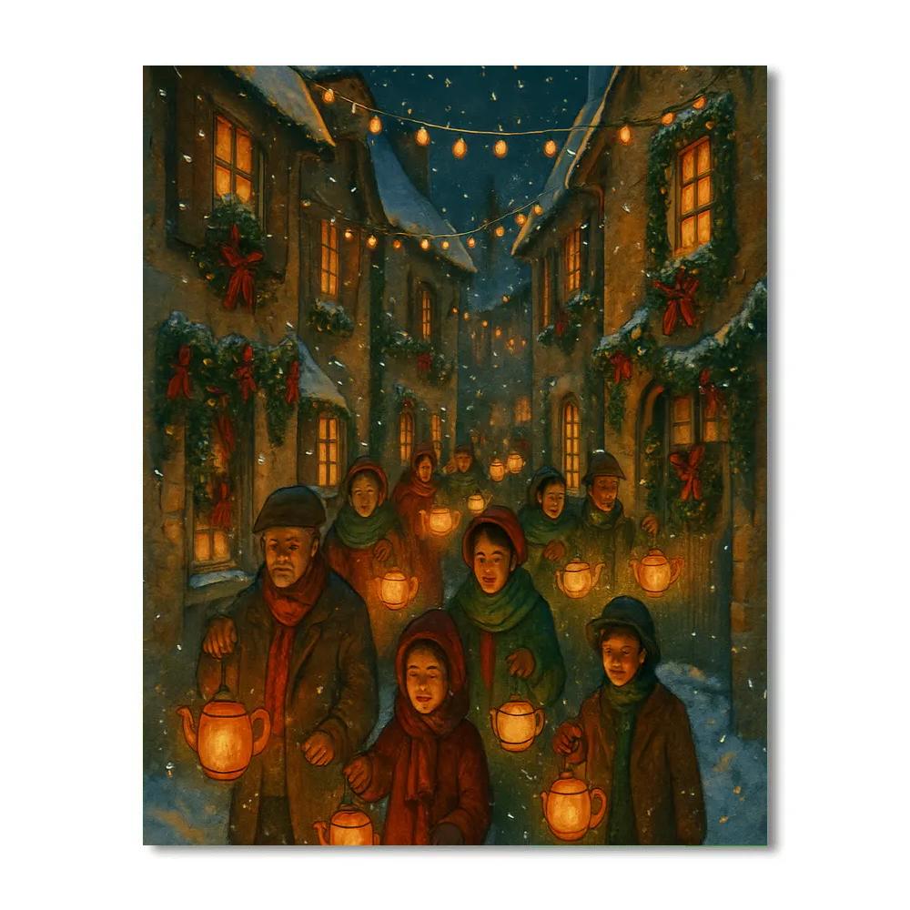 Snowy Village Tea Lantern Procession paint by number