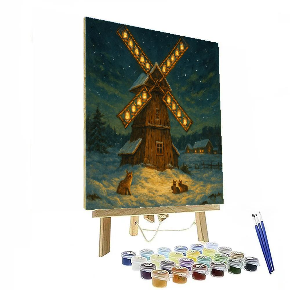Snowbound Windmill With Holiday Lantern Blades painting number kit