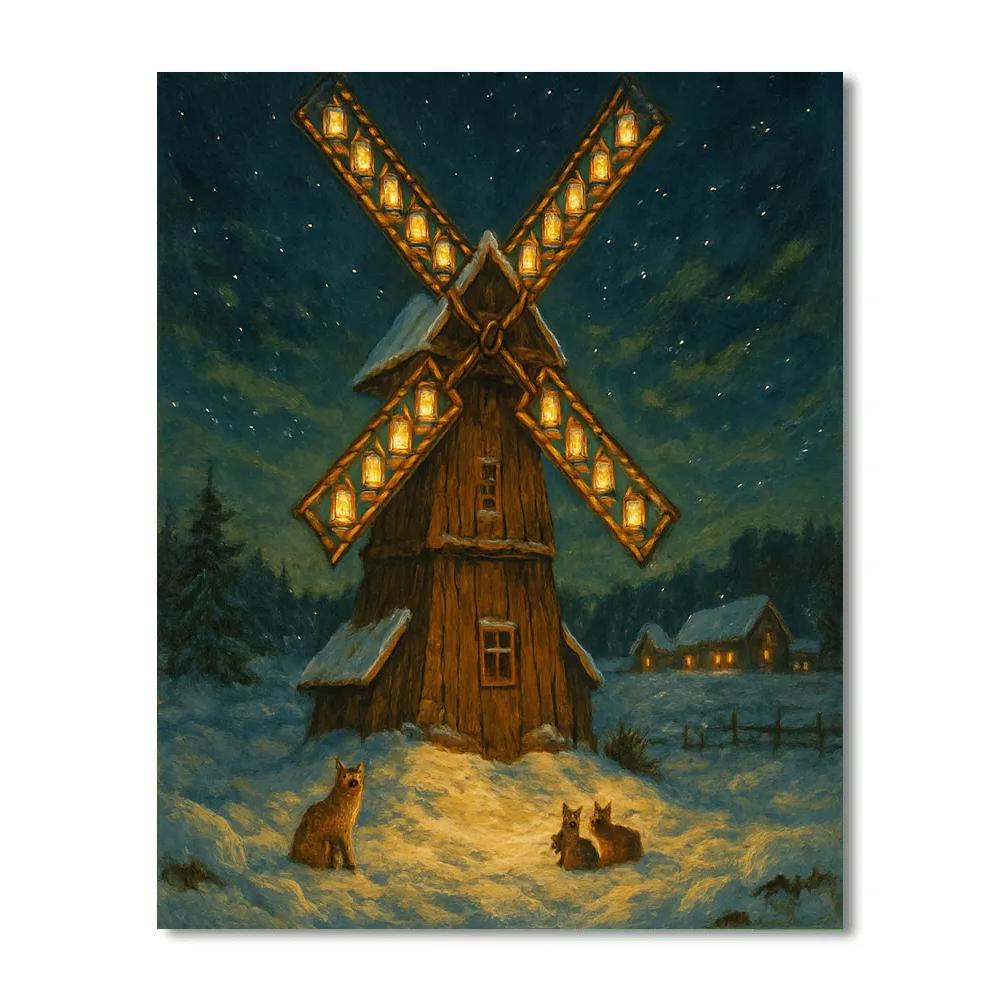 Snowbound Windmill With Holiday Lantern Blades painting number kit