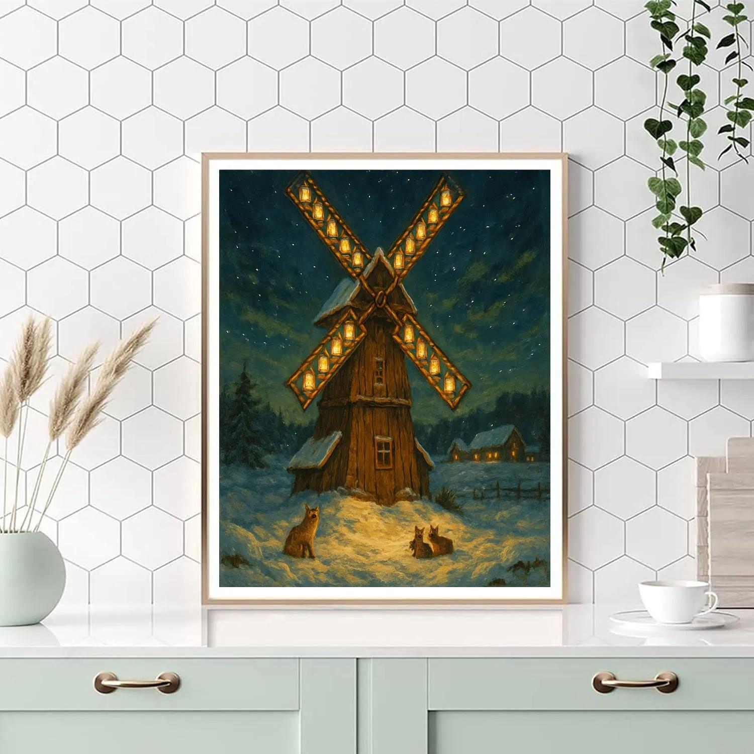 Snowbound Windmill With Holiday Lantern Blades painting number kit