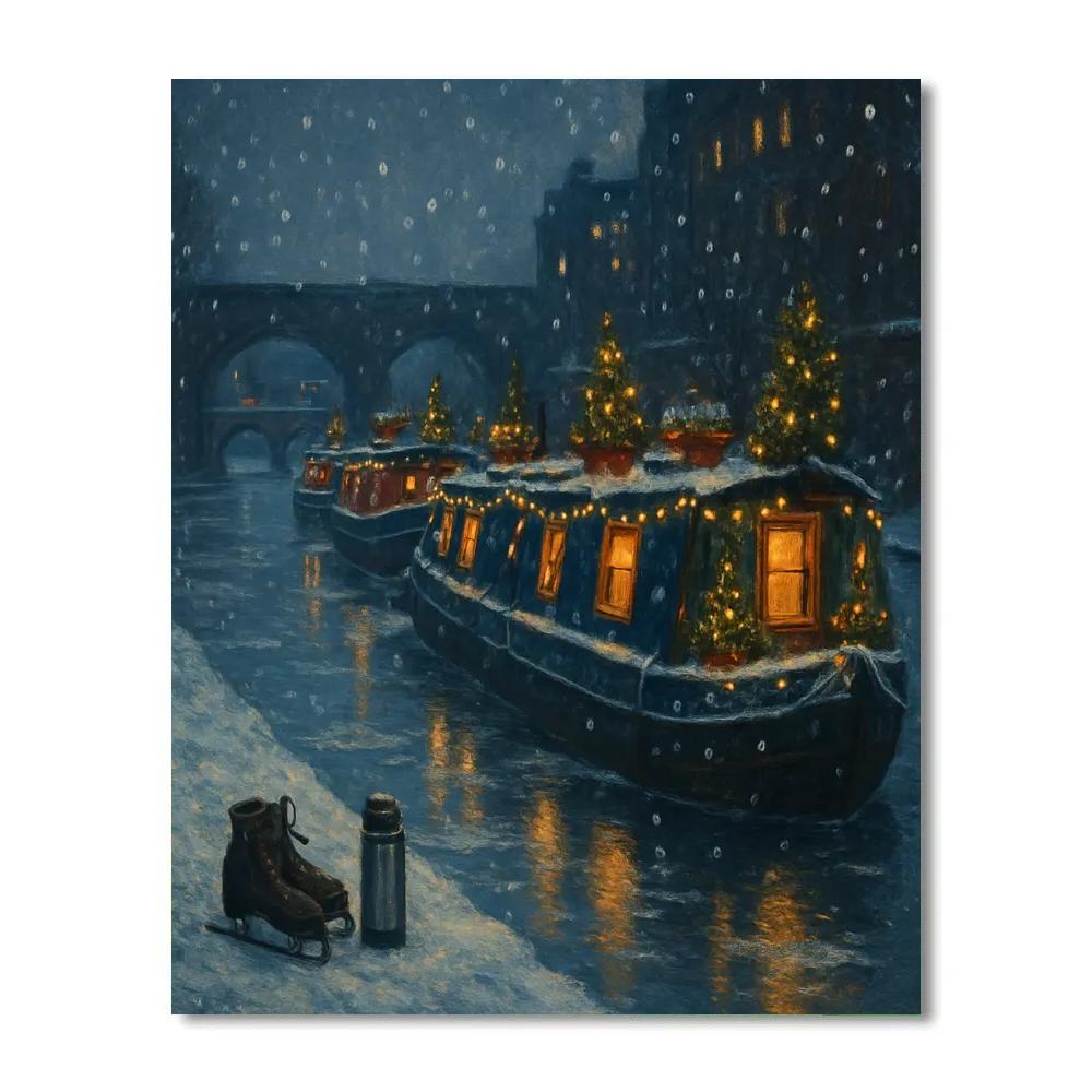 Frozen Canal Christmas Boat Houses paint by color