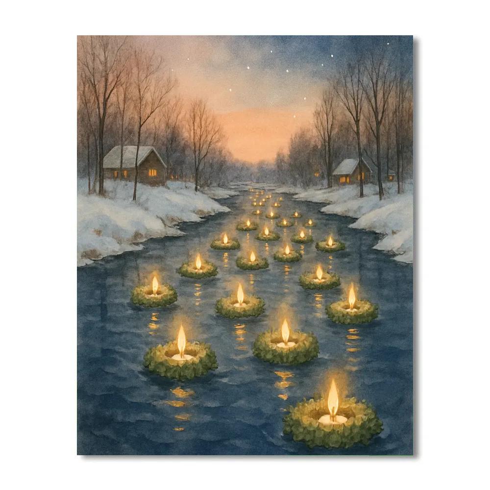 Christmas River Of Floating Evergreen Wreaths paint by number