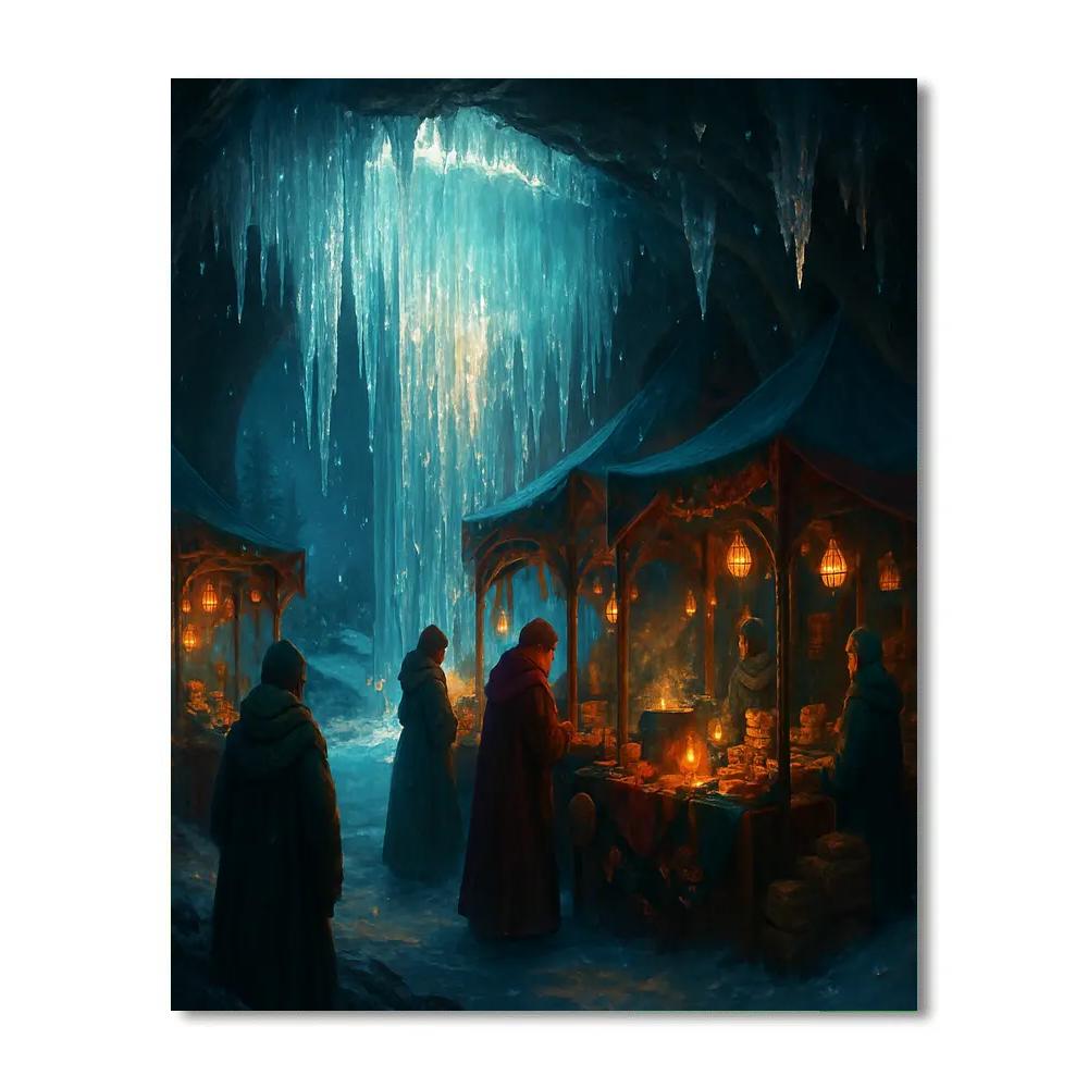 Christmas Night Market Under The Frozen Waterfall Paint by numbers art