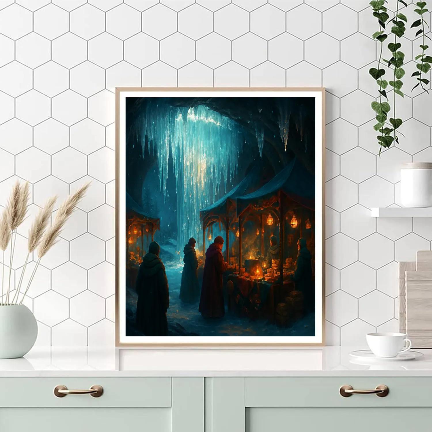 Christmas Night Market Under The Frozen Waterfall Paint by numbers art