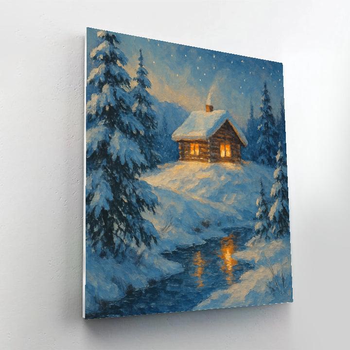 Fireside Cabin Above The Frozen Stream paint by color