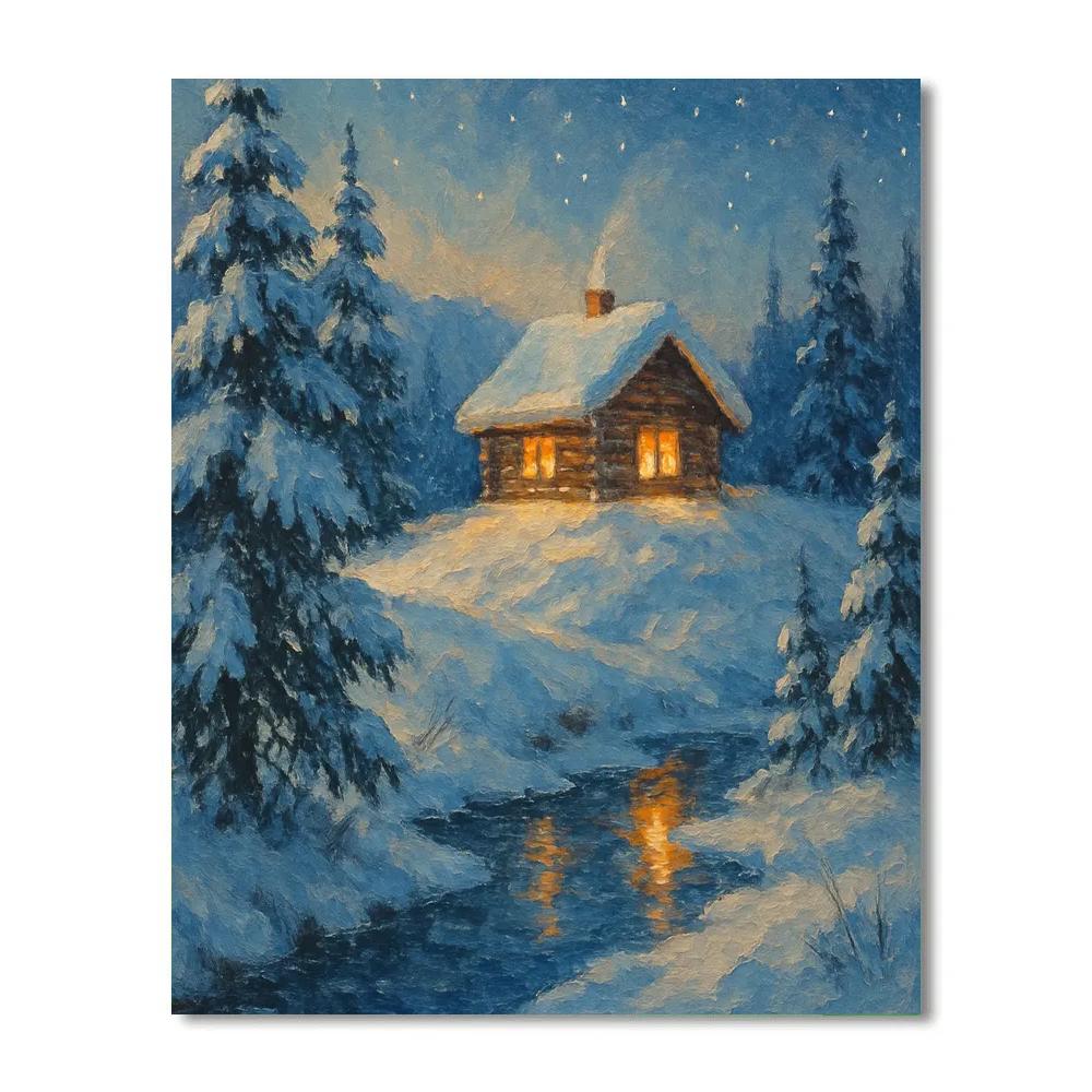 Fireside Cabin Above The Frozen Stream paint by color