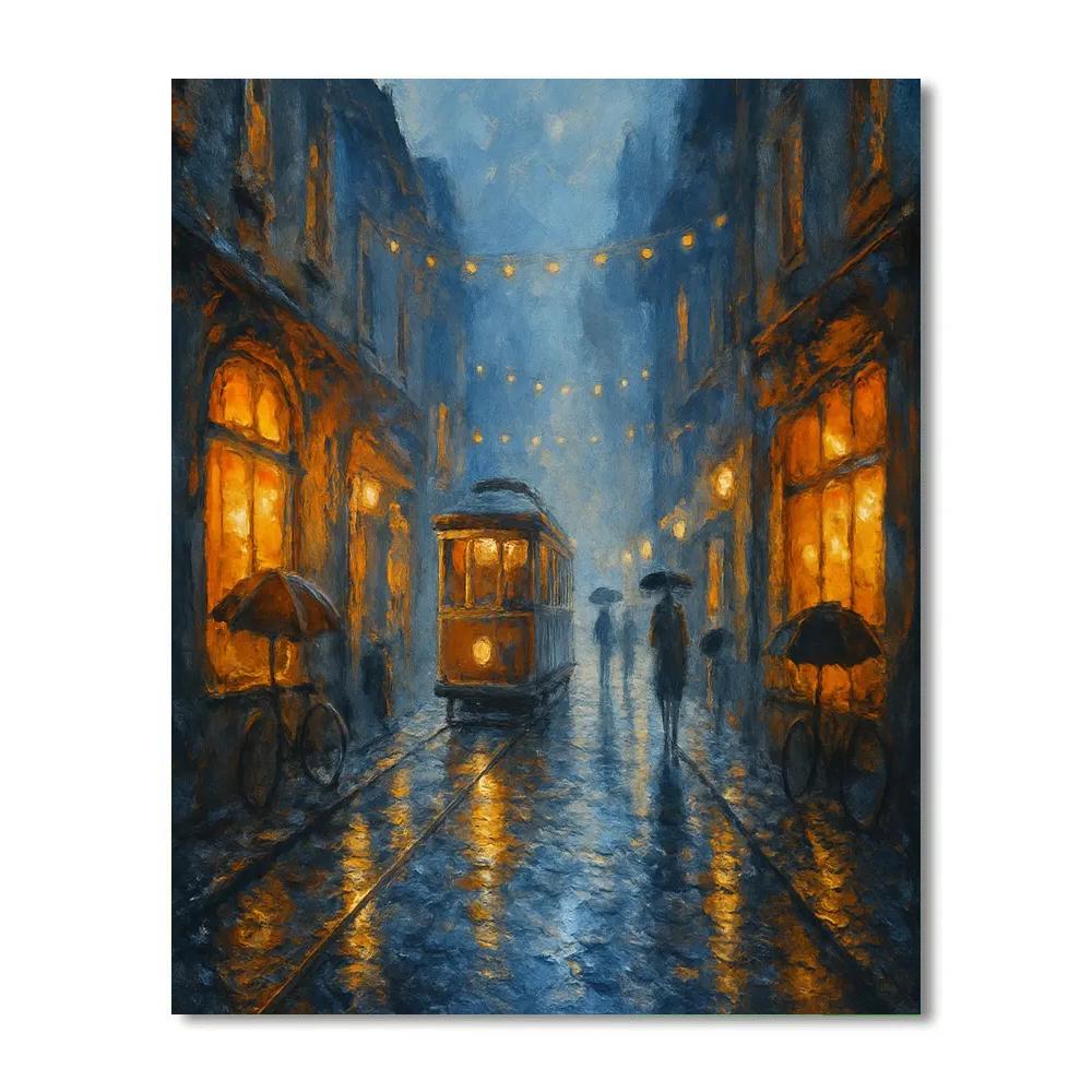 Rainlit Streetcar Evening Paint by numbers art