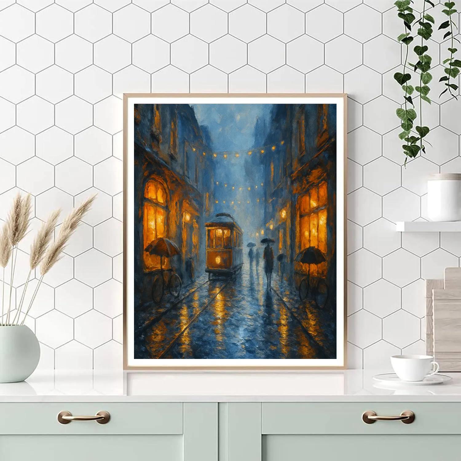 Rainlit Streetcar Evening Paint by numbers art