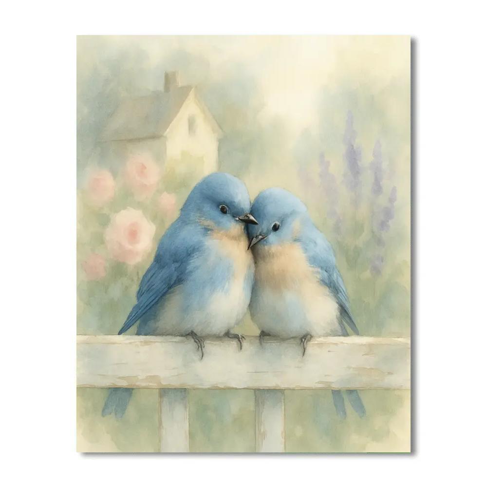 Bluebirds On The Misty Garden Fence Paint by numbers kits