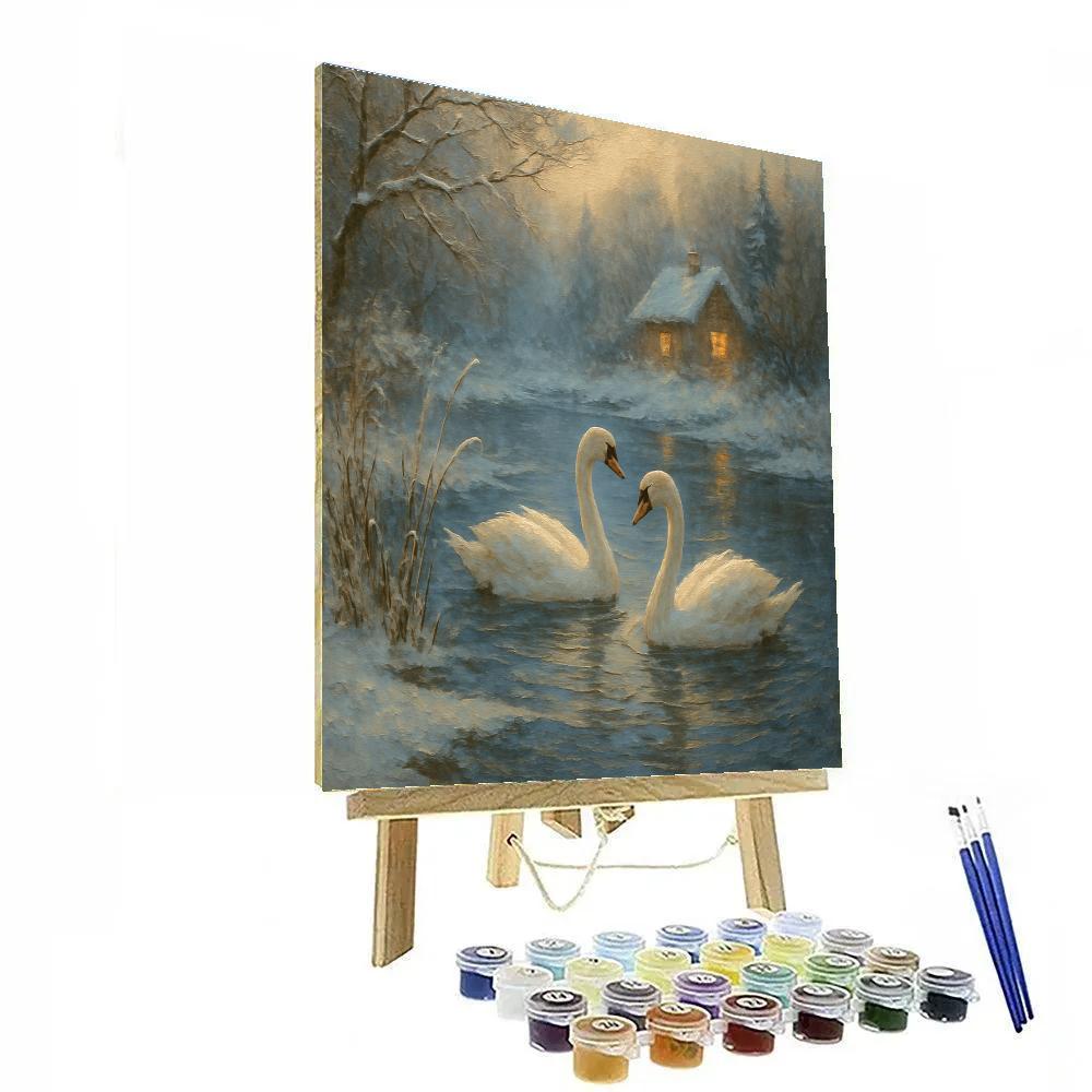 Swans In Lanternlit Winter Pond Paint by numbers art