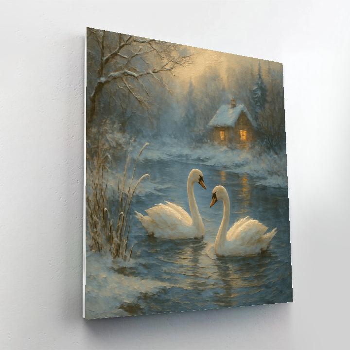 Swans In Lanternlit Winter Pond Paint by numbers art