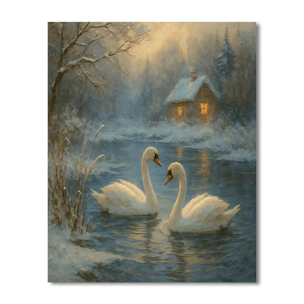 Swans In Lanternlit Winter Pond Paint by numbers art