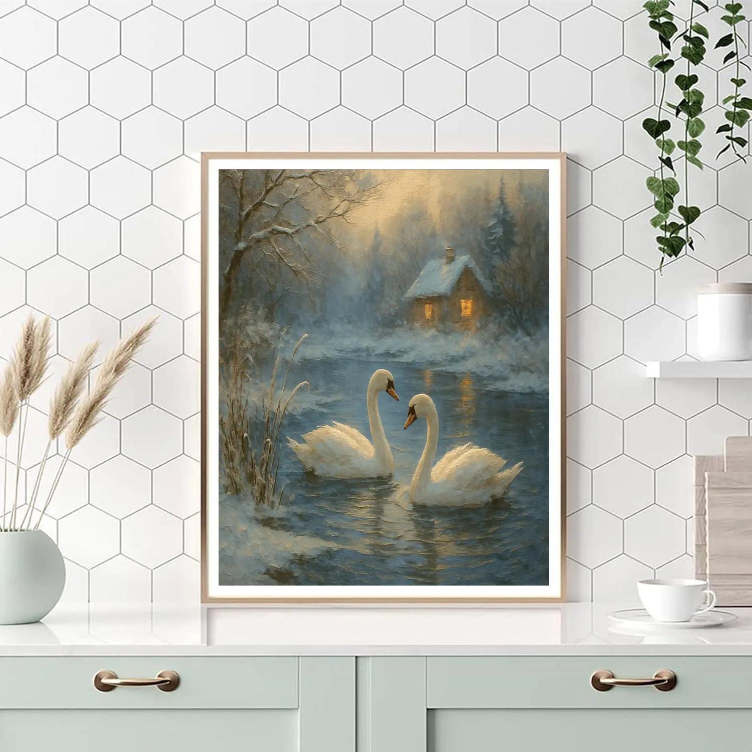 Swans In Lanternlit Winter Pond Paint by numbers art