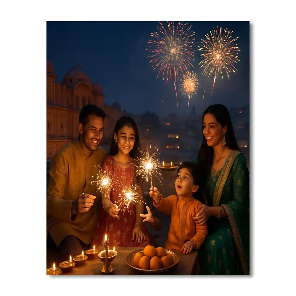 Diwali Night Fireworks Over Jaipur Rooftops Paint by numbers art