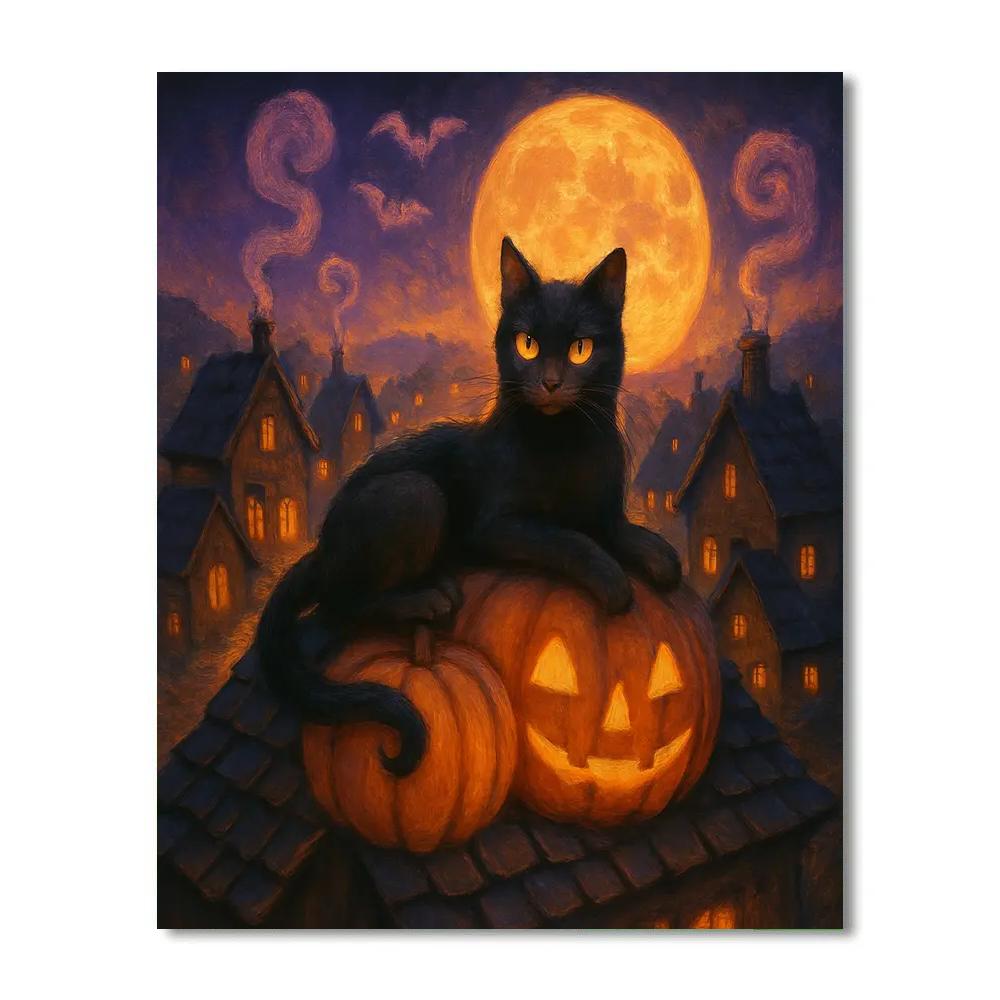 Black Cat Above The Pumpkin Rooftops Painting by numbers kit