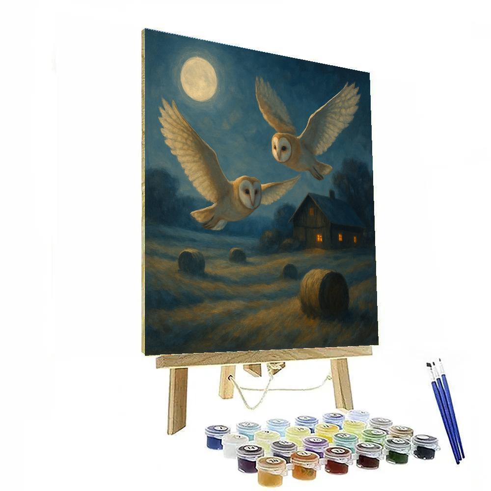 Barn Owls Over Moonlit Hayfield Numbered painting kits