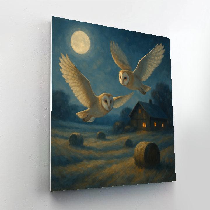 Barn Owls Over Moonlit Hayfield Numbered painting kits