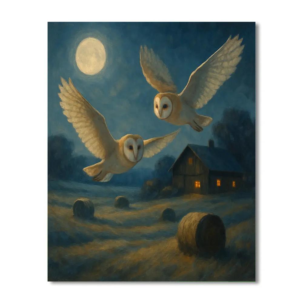 Barn Owls Over Moonlit Hayfield Numbered painting kits