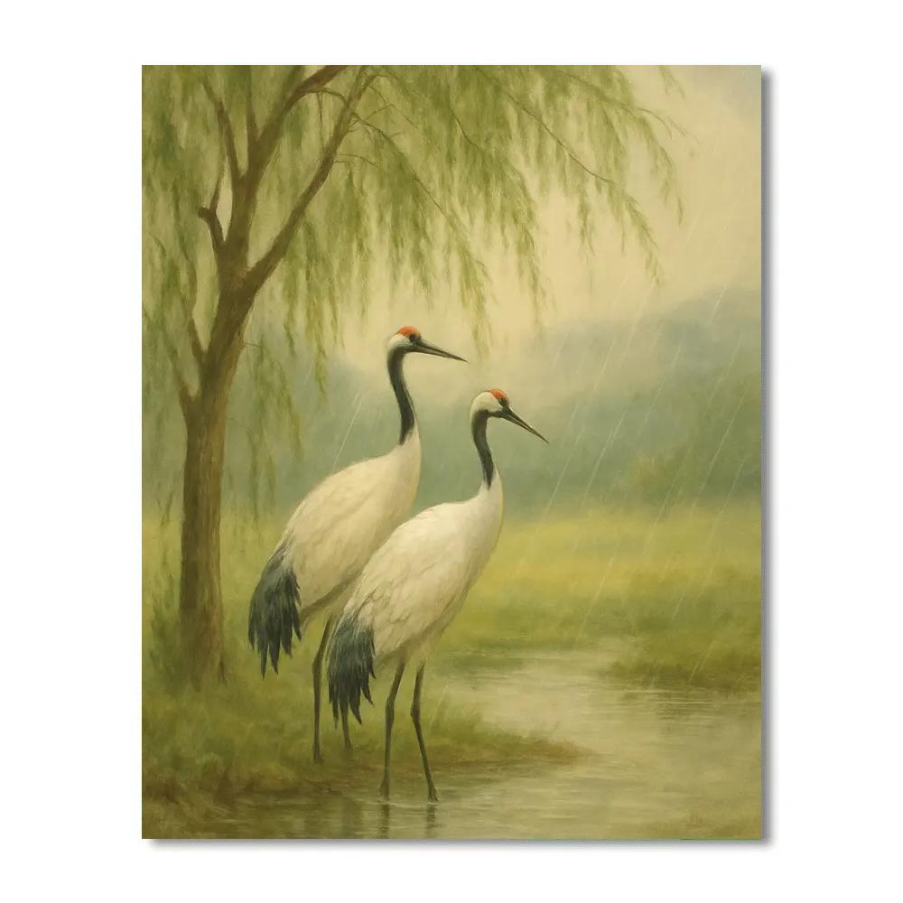 Willow Cranes In Gentle Spring Rain Number painting