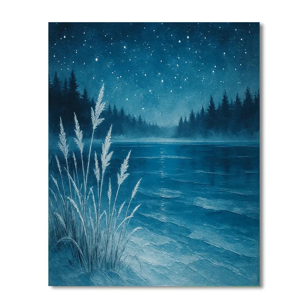 Starlit Lake With Frosty Reeds Number painting