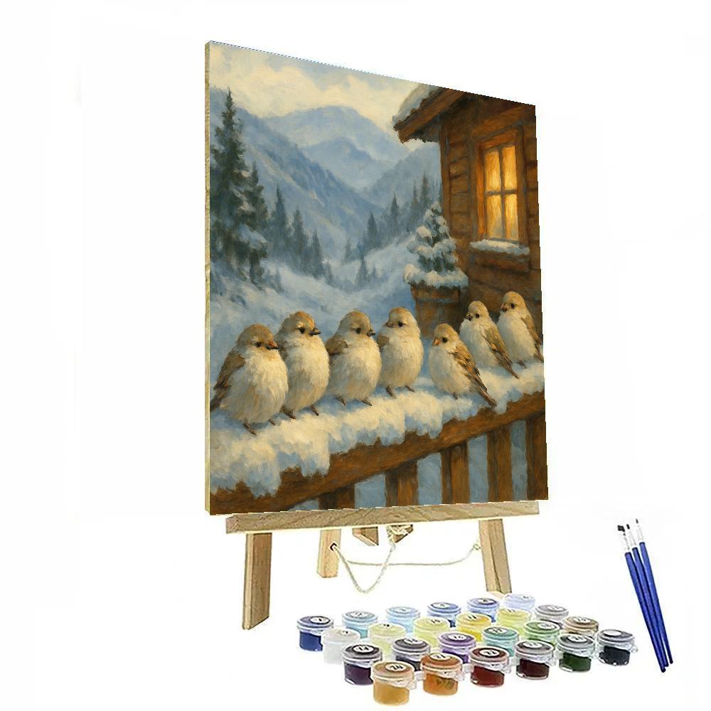Snow Finches On The Mountain Porch Rail paint by color