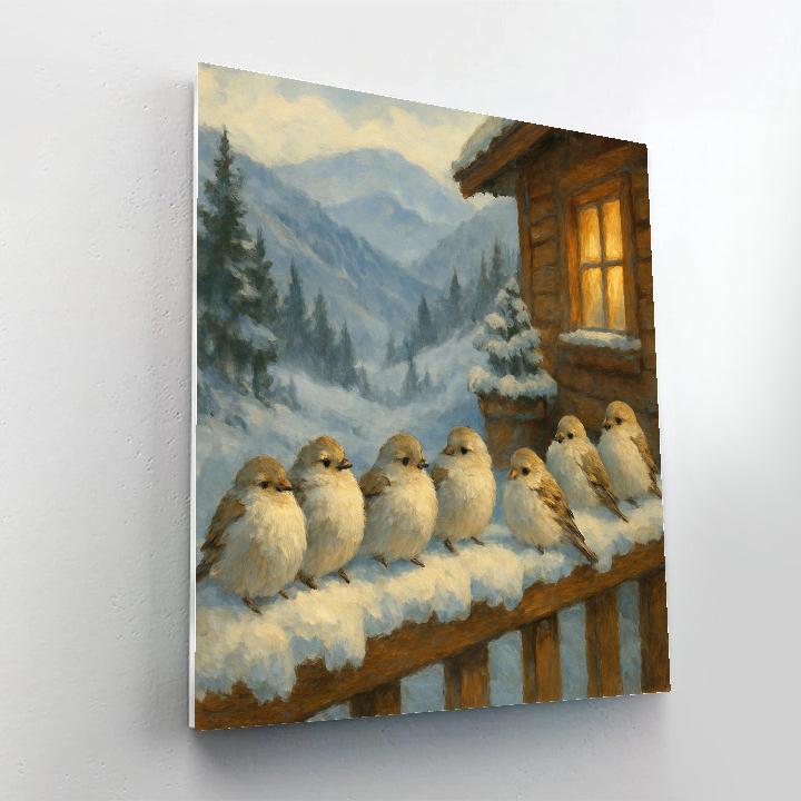 Snow Finches On The Mountain Porch Rail paint by color