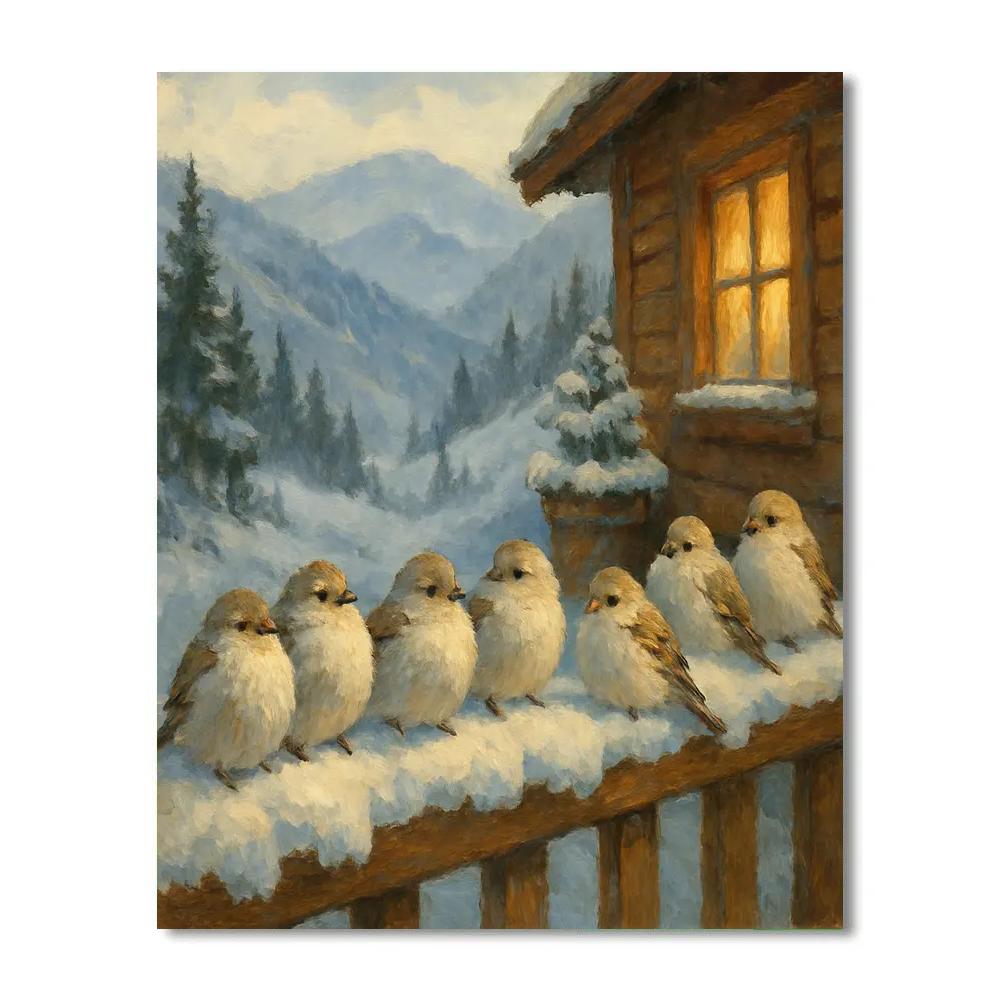 Snow Finches On The Mountain Porch Rail paint by color