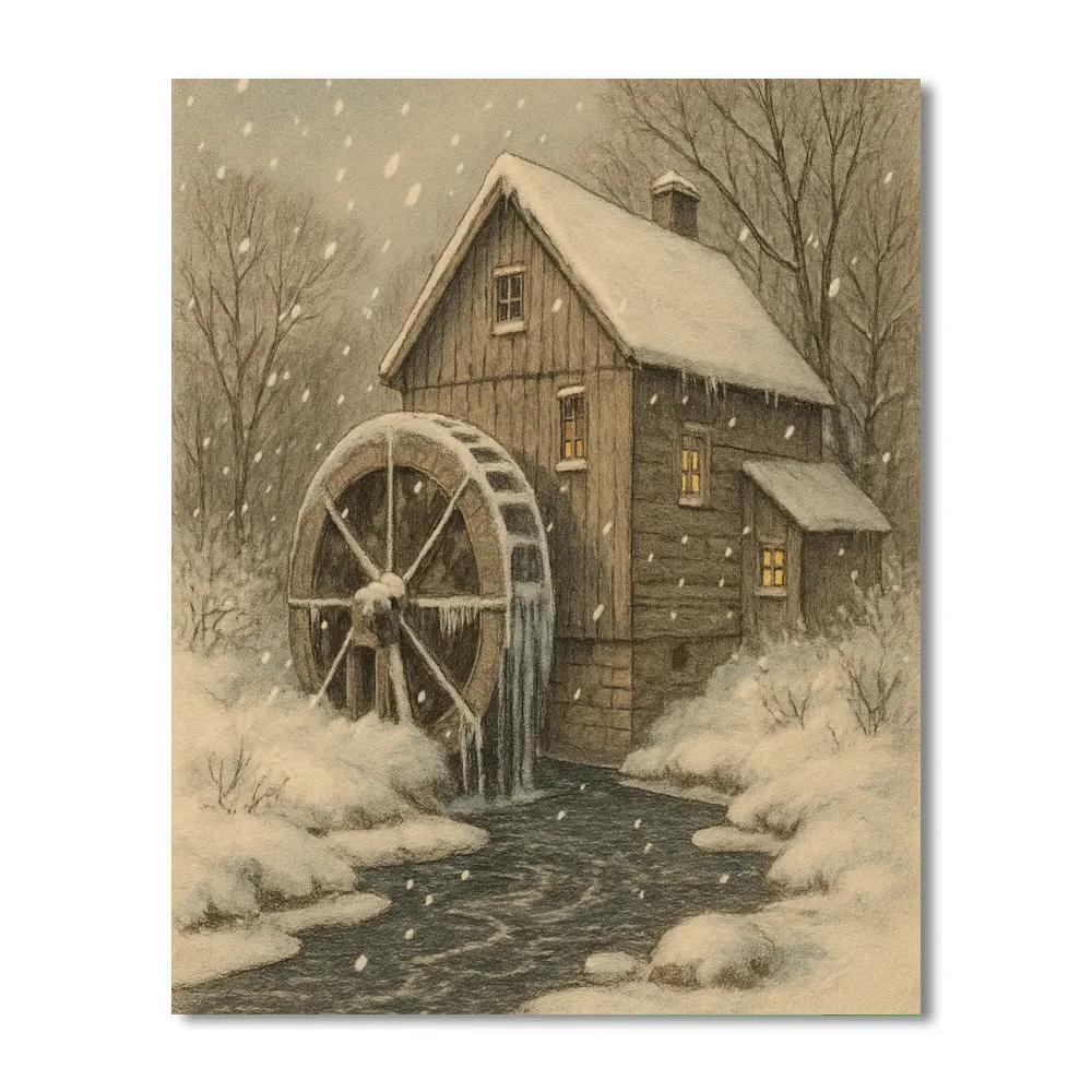 Old Mill In Gentle Snowfall DIY paint by numbers