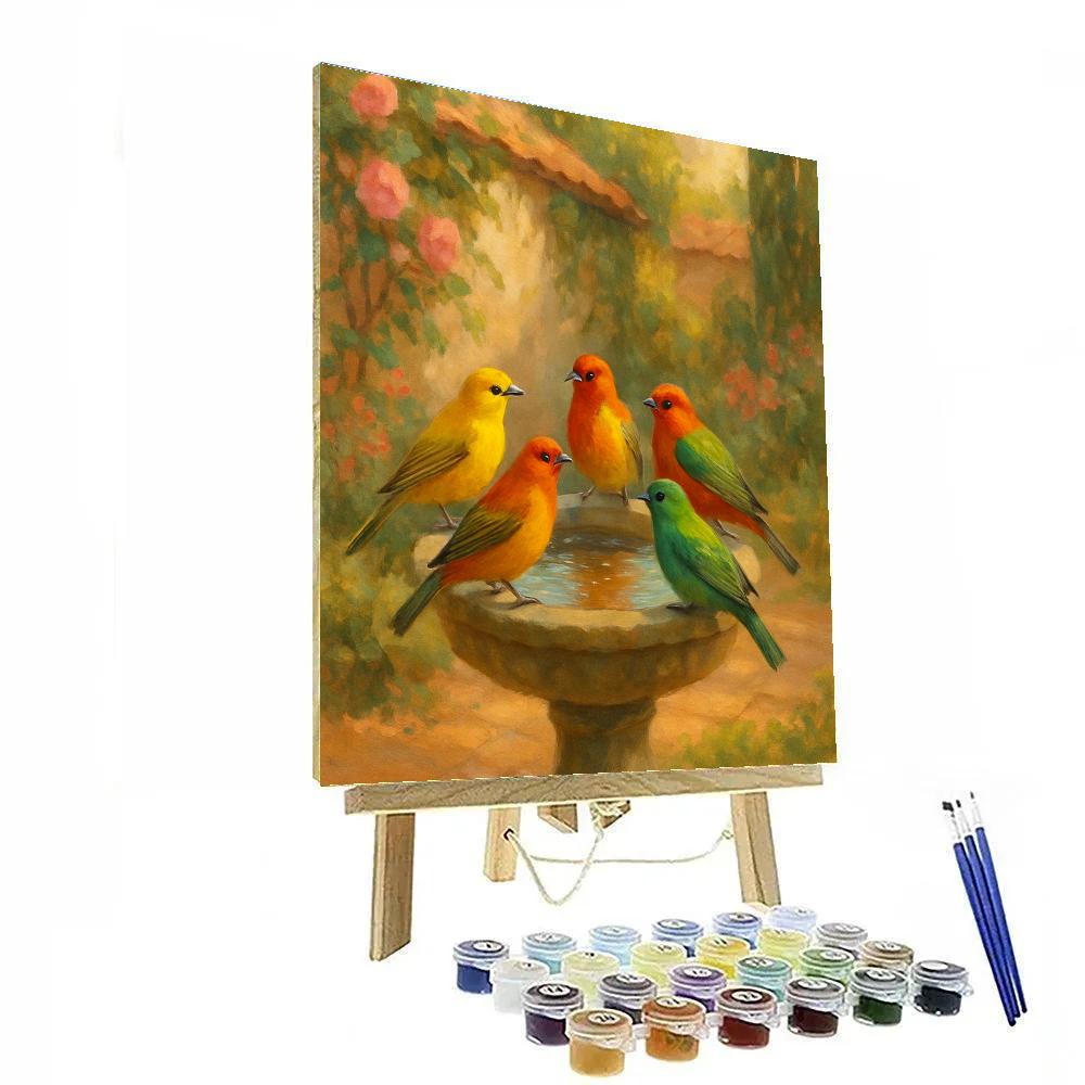Garden Tanagers At The Stone Birdbath Painting by numbers kit
