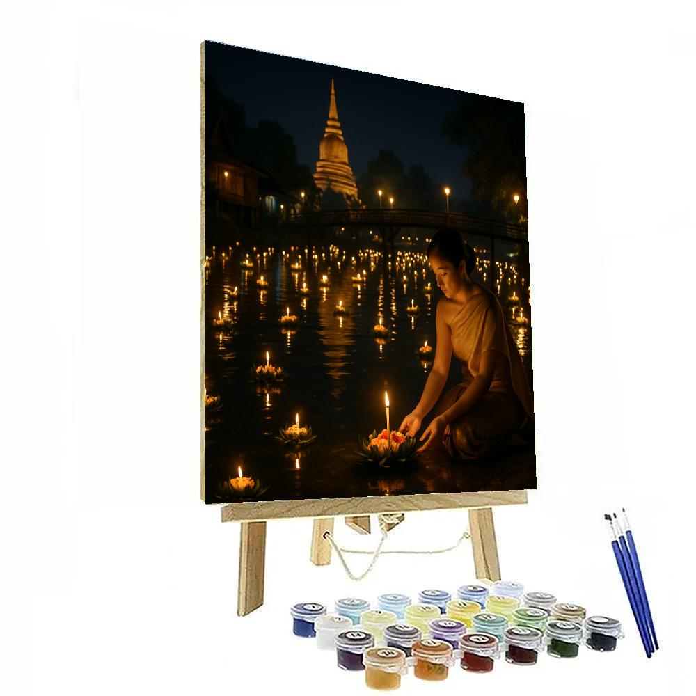 Thai Loy Krathong Candle Floats On River Number painting